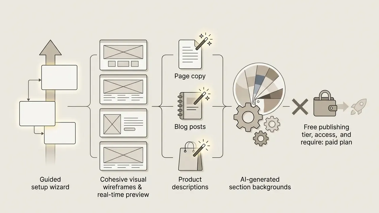 Diagram showing a guided AI setup wizard leading to wireframes, content generation, and paid plan limits