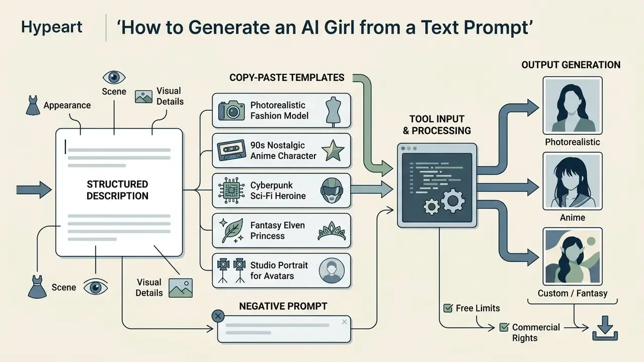 Diagram showing how to generate an AI girl by combining structured text prompts with style templates
