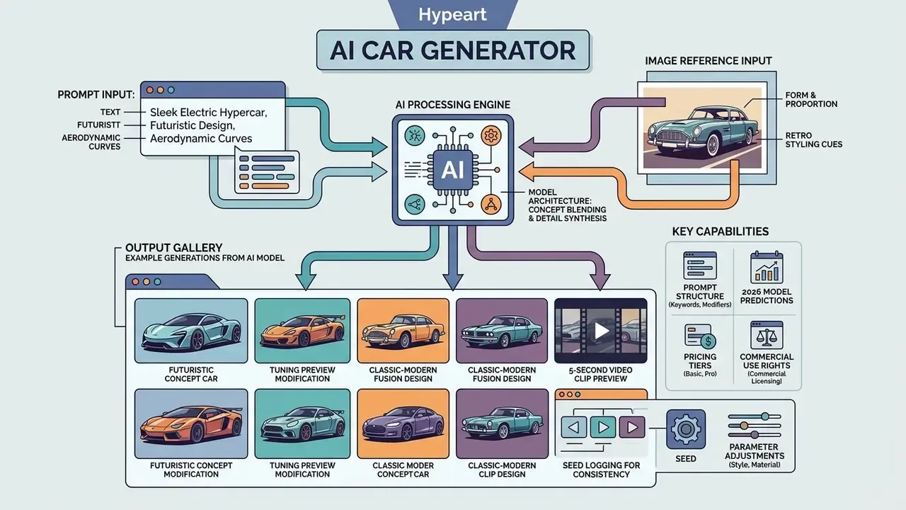 Infographic showing text and image inputs flowing into a central processing engine to create car designs