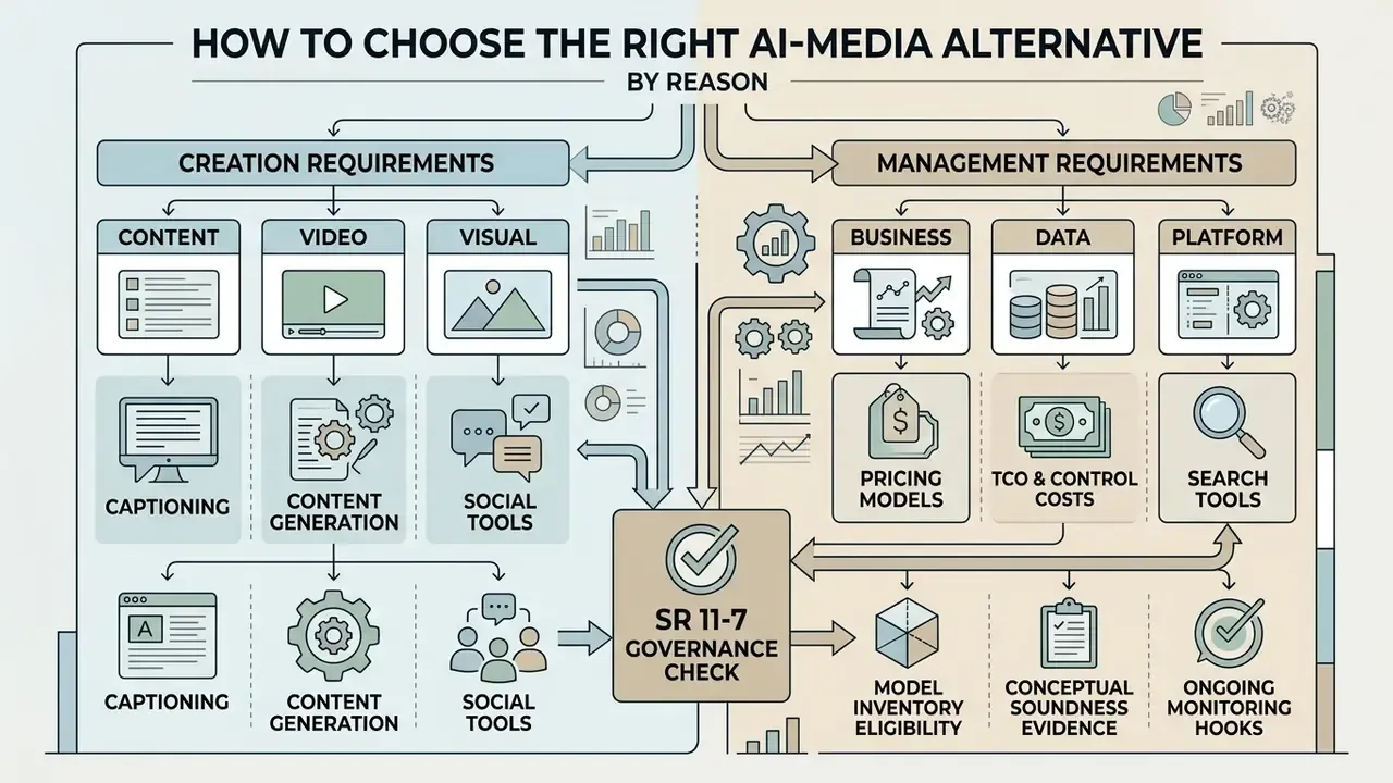 Split diagram outlining creation and management requirements for AI Media Alternatives by Reason