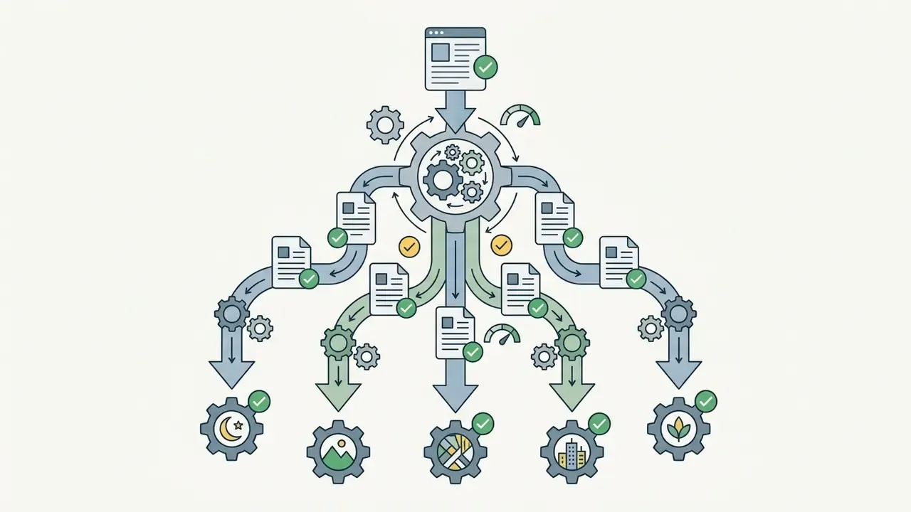 Central gear processing a document into multiple variant drafts for diverse distribution channels