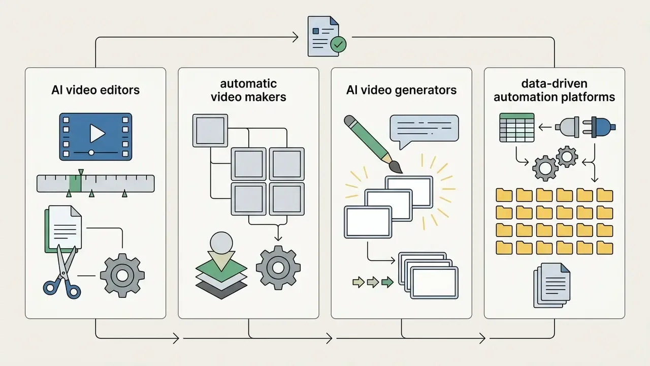 Four boxes illustrating different video production categories with icons for editing, templates, generation, and data