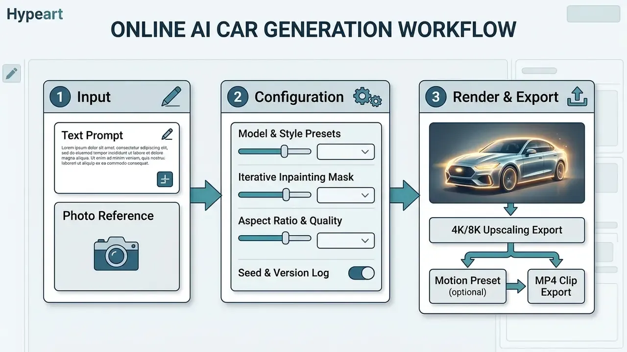 Three-step process diagram showing input, configuration, and rendering stages for automotive design