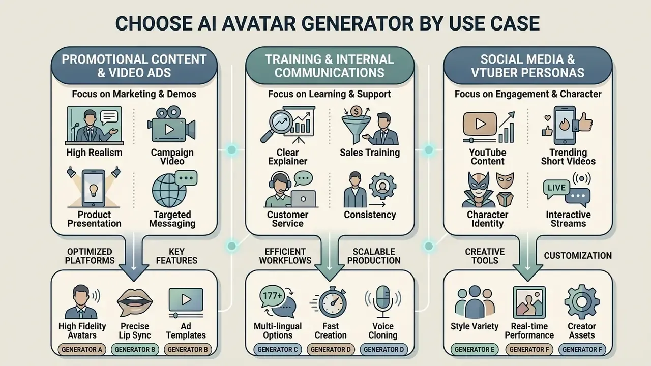 Diagram categorizing AI avatar generator use cases for marketing, training, and social media content creation