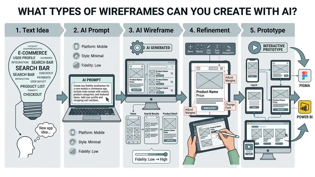 Step by step process from initial text idea to interactive prototype exported to design software