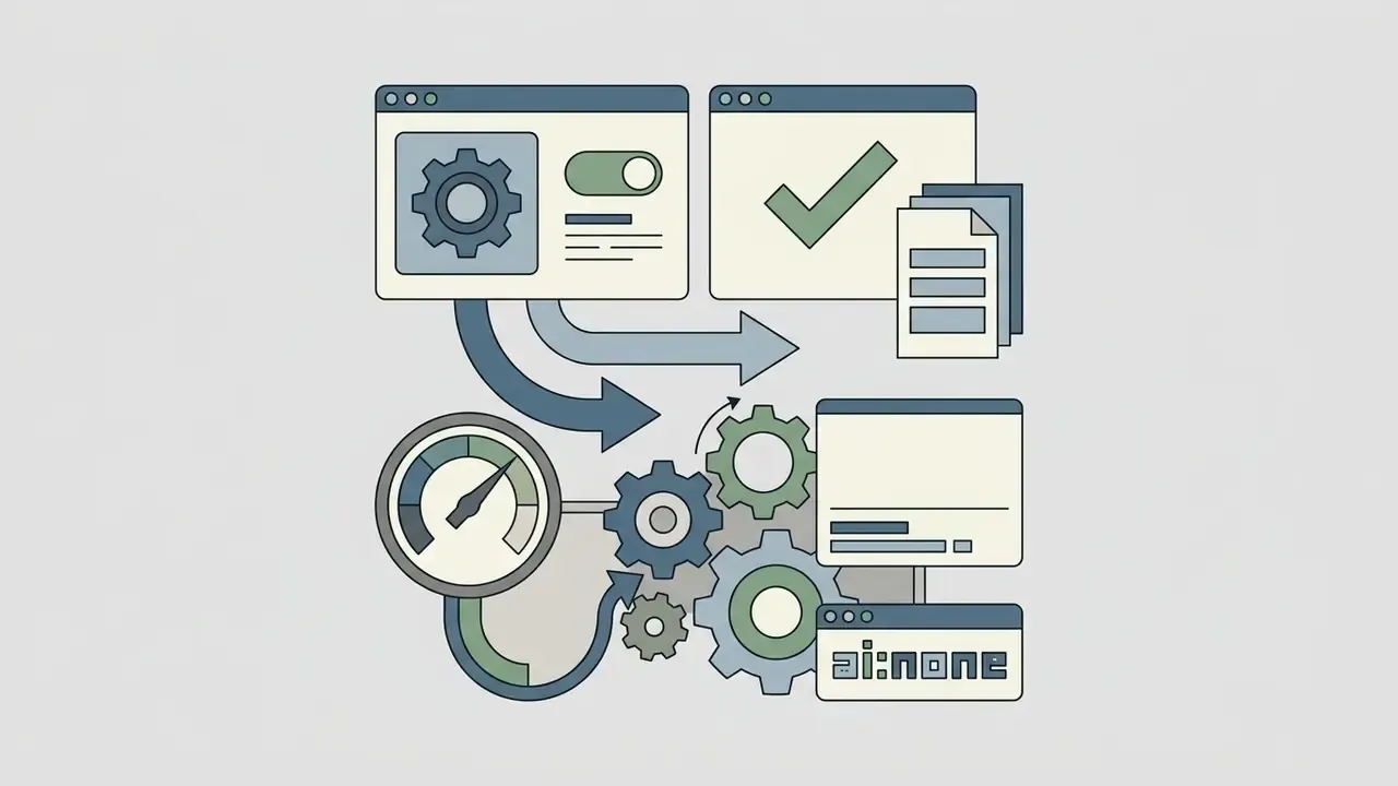Browser windows with settings toggles and commands feeding into a gear mechanism to refine search results