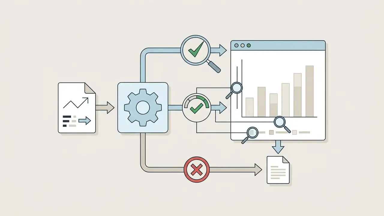 Document inputs flowing through a gear processor to check chart labels against specific quality icons