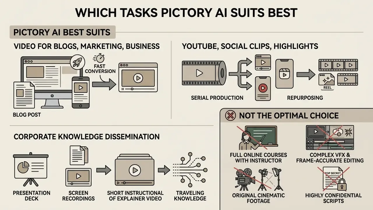 Infographic comparing ideal use cases for Pictory AI versus tasks where the platform is not optimal