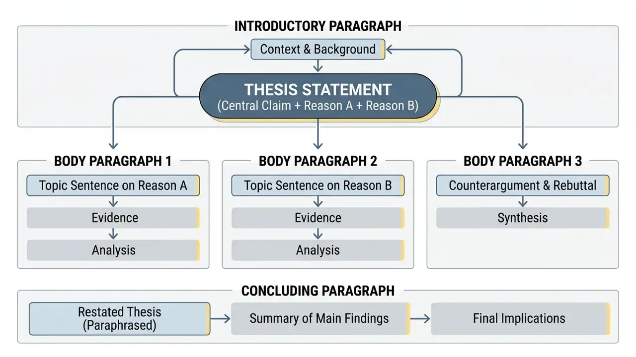 Hierarchical flow diagram mapping the progression from an introductory thesis statement to body paragraphs and conclusion