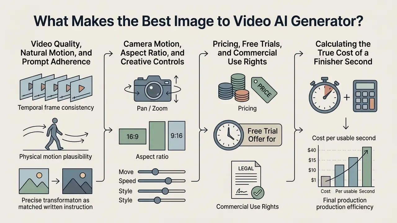 Infographic showing four categories of criteria for evaluating an image to video AI generator