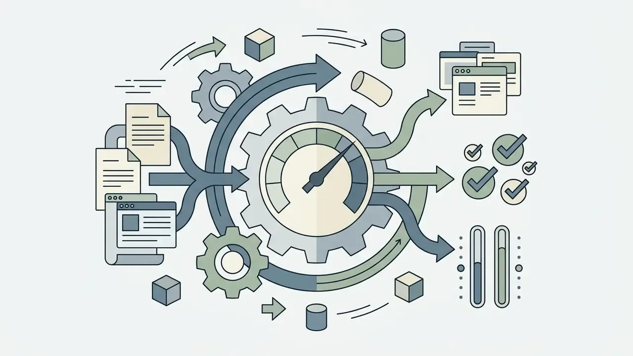 Documents and browser windows feeding into a central gear with a gauge that outputs data and status icons