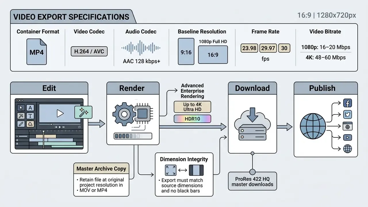 Technical diagram outlining video export parameters and the workflow from editing to publishing