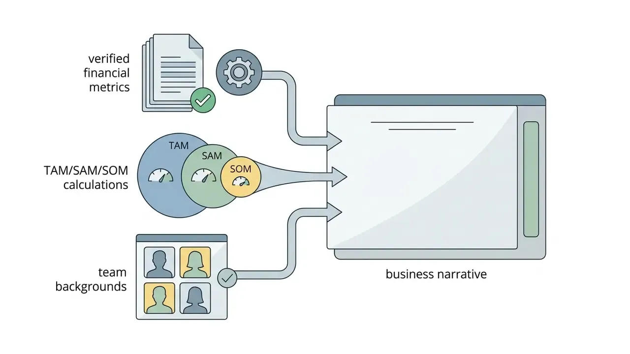 Icons for financial documents, market sizing gauges, and team profiles feeding into a central document