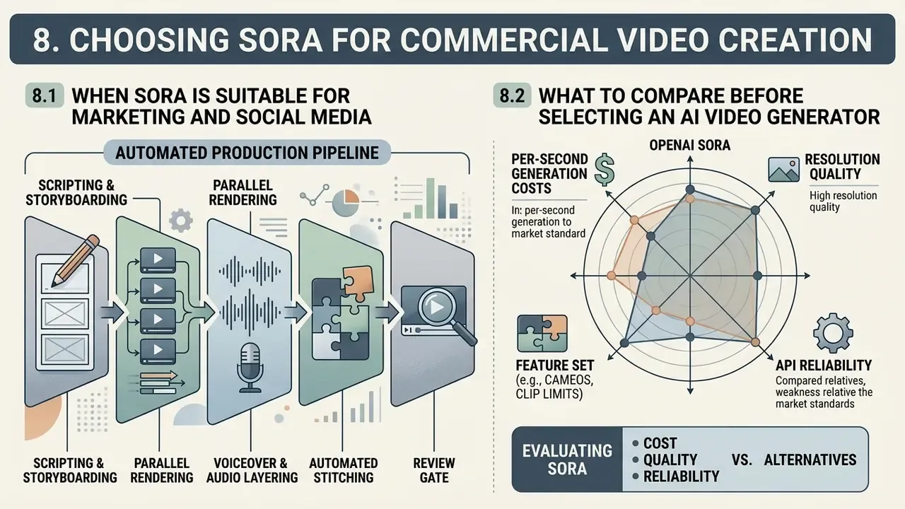 Comparison of automated production pipelines and a radar chart for evaluating OpenAI Sora versus alternatives