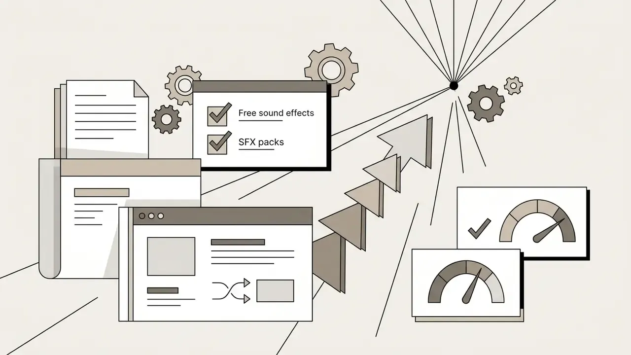 Documents and browser windows with gears and gauges moving toward a central focal point