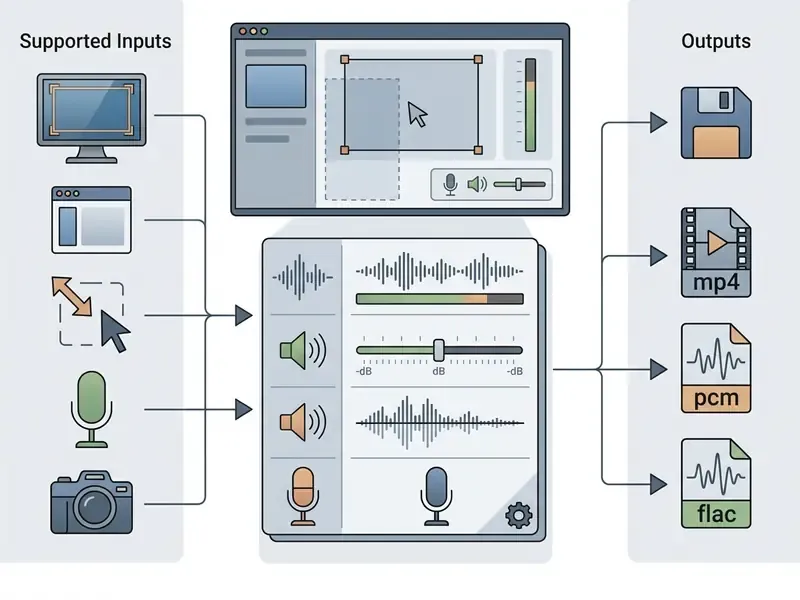 Diagram showing screen capture inputs, audio waveform settings, and various file format outputs