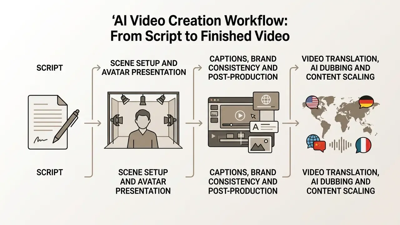 Flowchart showing the stages of an AI video creation workflow from script to global distribution