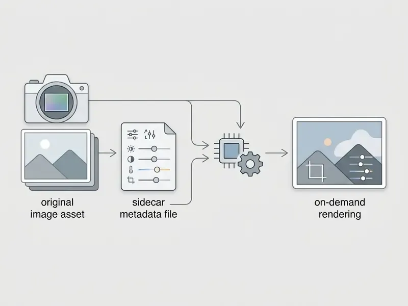Process showing original image assets and sidecar metadata files combining for on-demand rendering