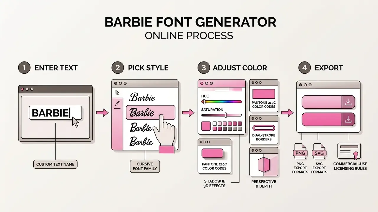 Four steps showing how to enter text, select styles, adjust colors, and export files as PNG or SVG