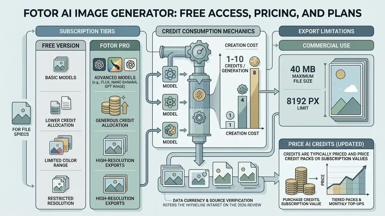 Summary chart comparing subscription tiers, credit usage, and export limits for digital media creation