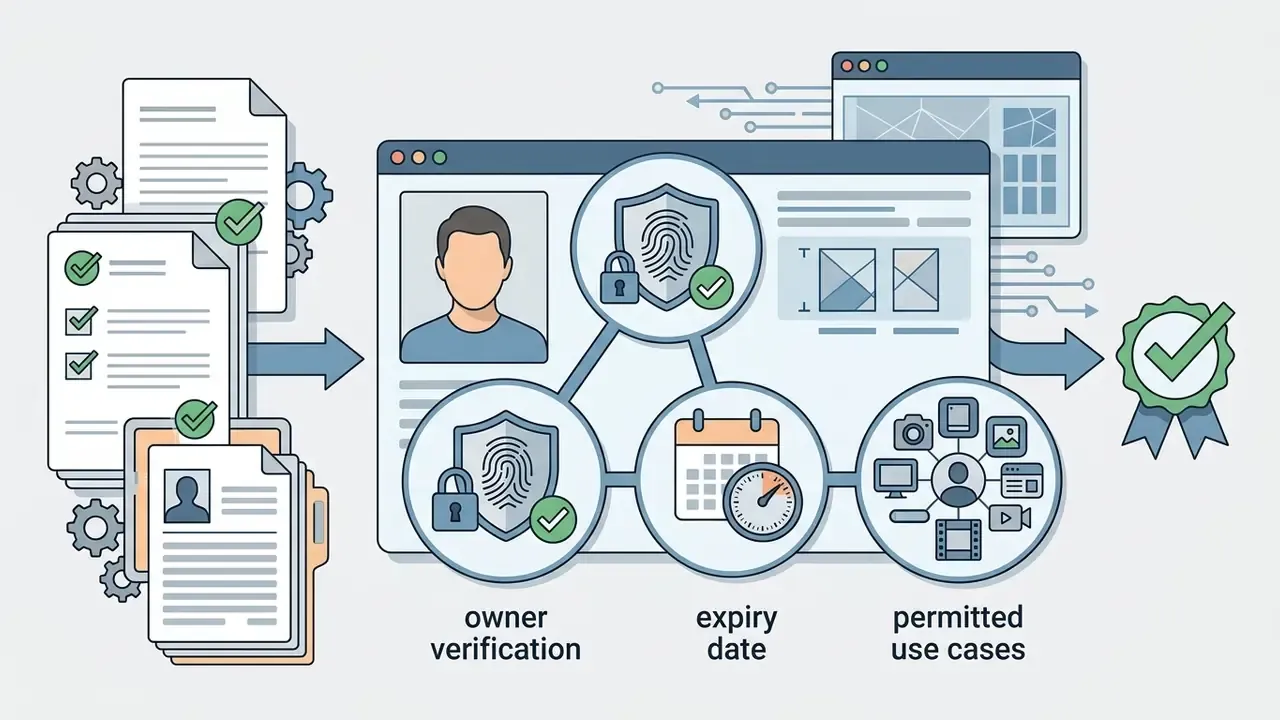 Documents feeding into a processor that outputs owner identity, expiry, and permitted use case icons