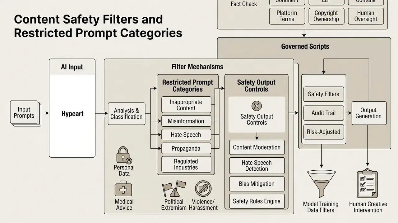 Process flow showing how inputs are analyzed against restricted categories and safety output controls