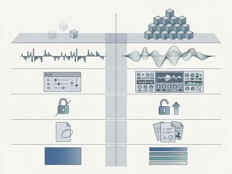 Side by side contrast of free and paid music software features including audio quality and usage rights