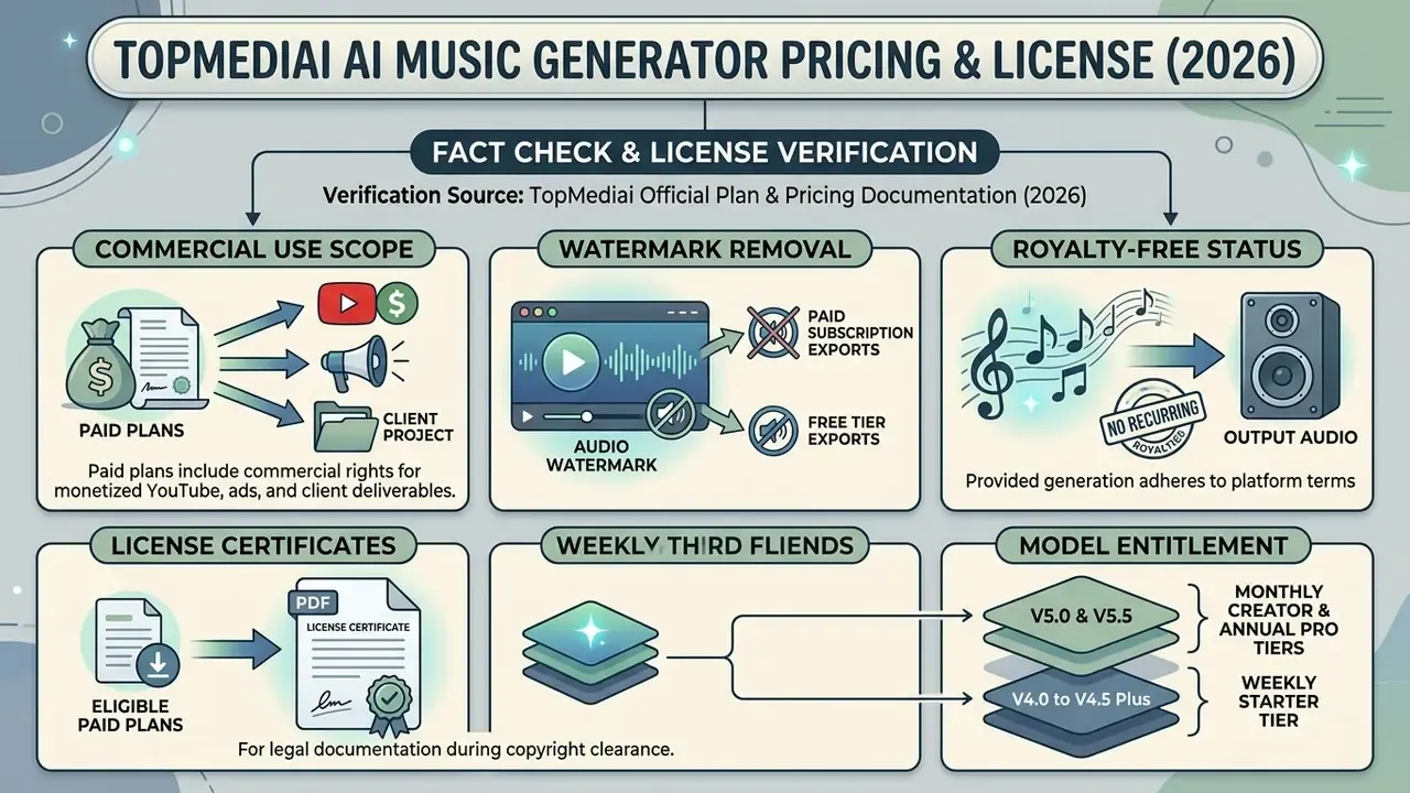 Six-part infographic detailing commercial rights, watermark policies, royalty status, and model access tiers