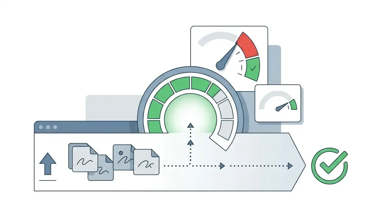 File upload process showing document icons moving toward a status gauge and a green checkmark