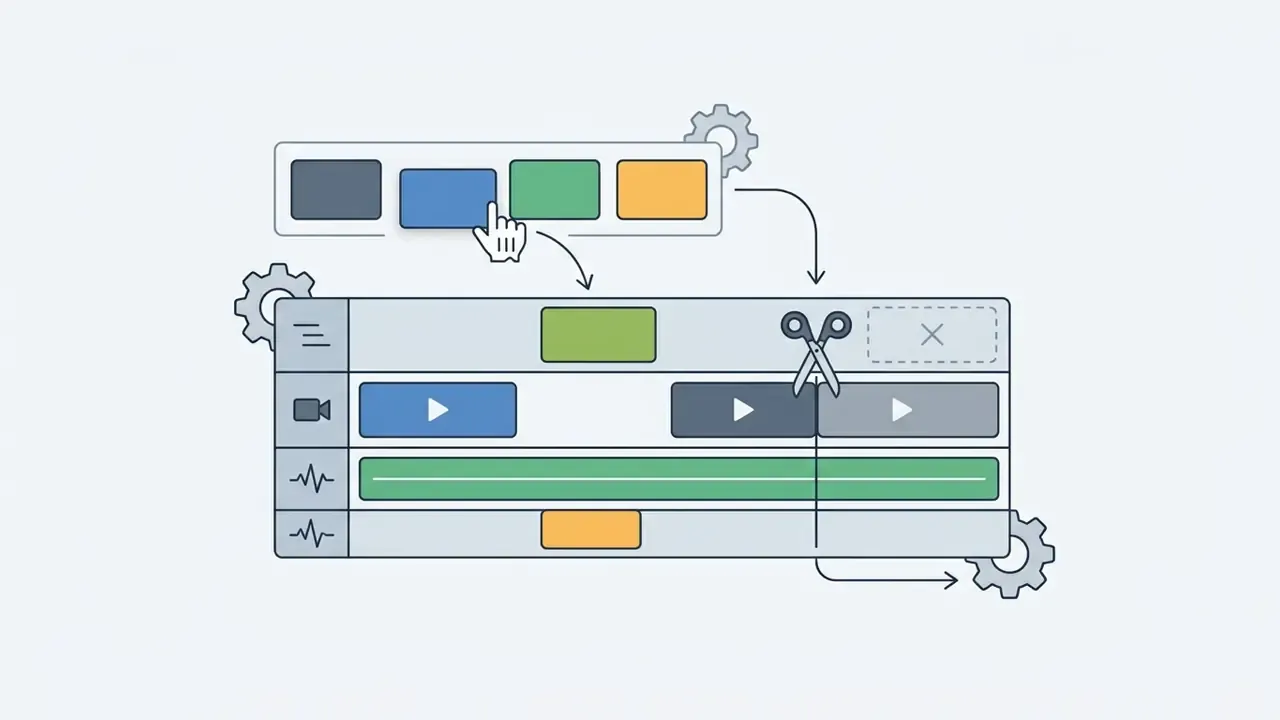 Cursor dragging video assets onto a multi-track timeline with scissors cutting a clip