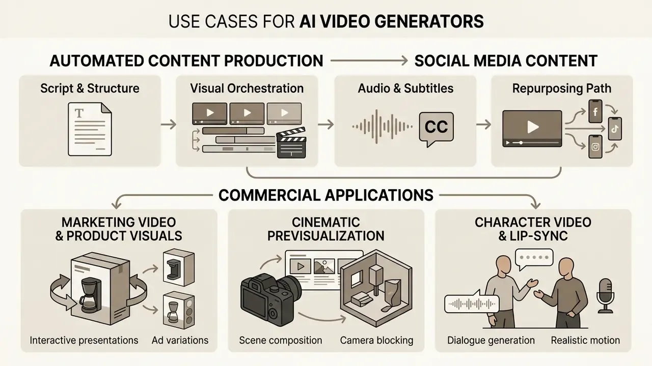 Infographic detailing automated content production steps and various commercial video applications