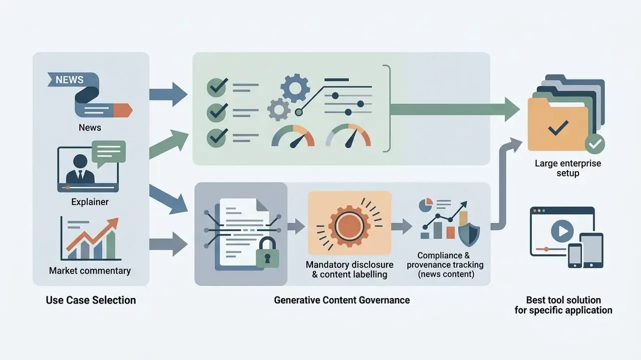 Process flow from news use cases through content governance to enterprise video output solutions