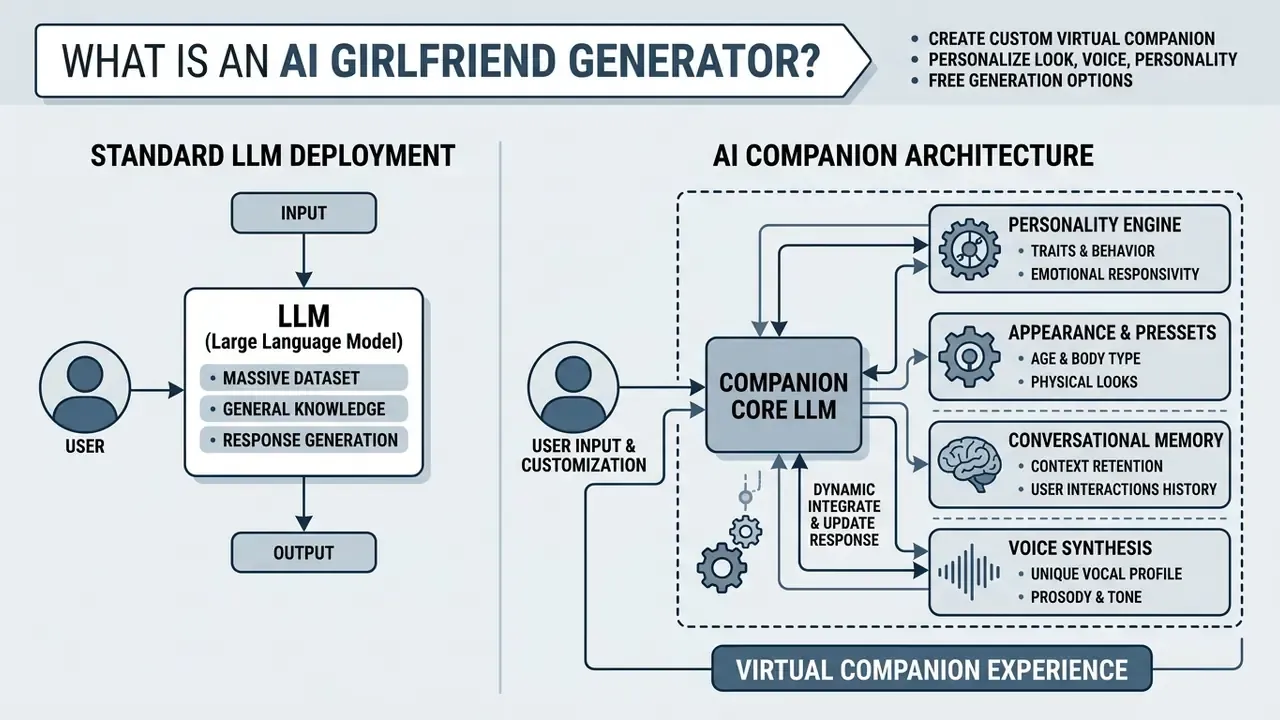 Comparison diagram showing standard LLM deployment versus a complex AI girlfriend generator architecture