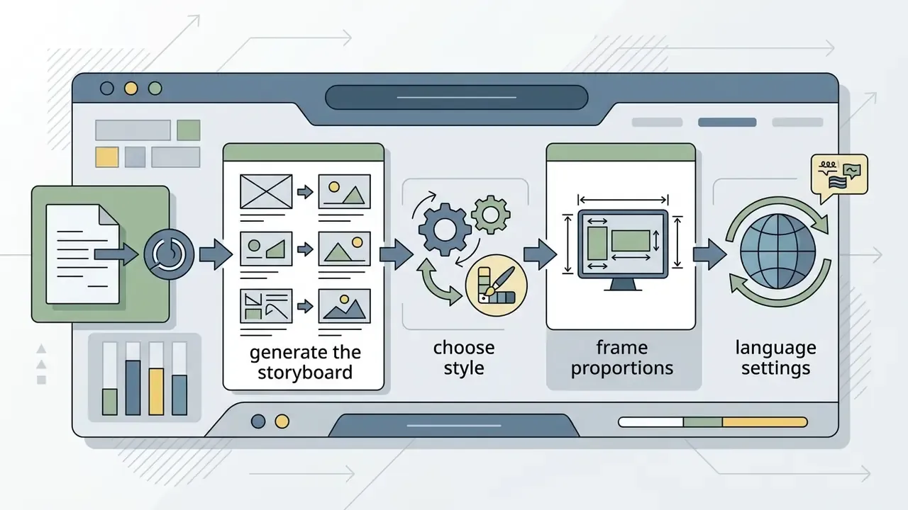 Linear workflow diagram showing steps for storyboard generation, style selection, aspect ratio, and language