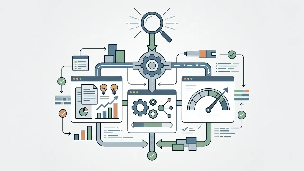 Magnifying glass icon feeding data into a gear system that outputs analytics, performance, and status flows