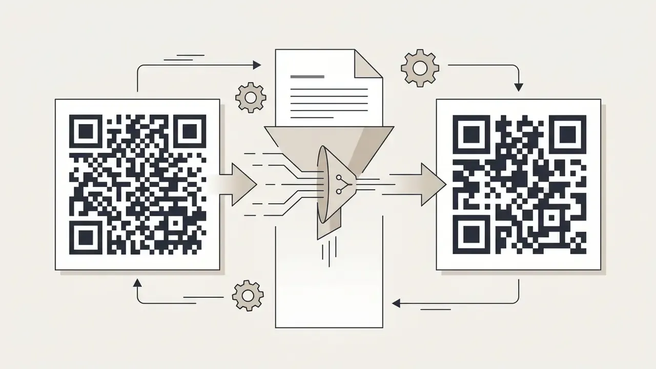 Dense QR code passing through a data funnel to emerge as a simplified pattern with larger modules