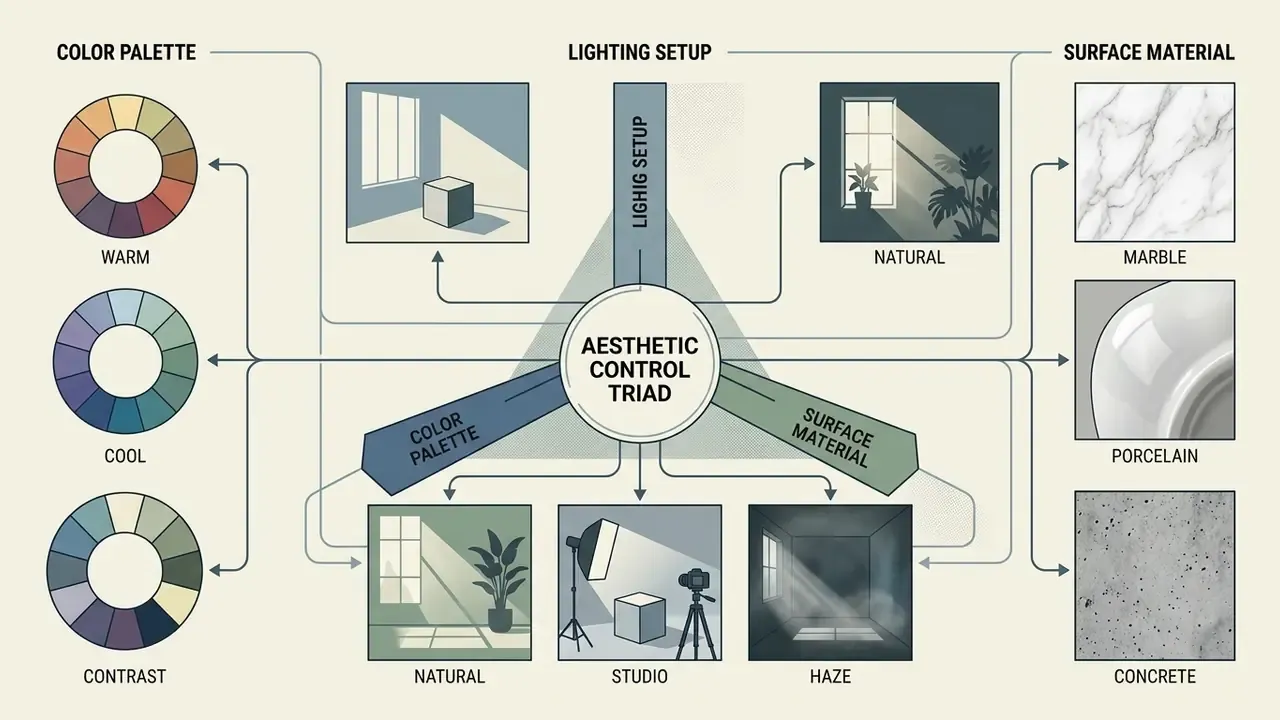 Triangular diagram connecting color palettes, lighting setups, and surface materials for AI art prompts