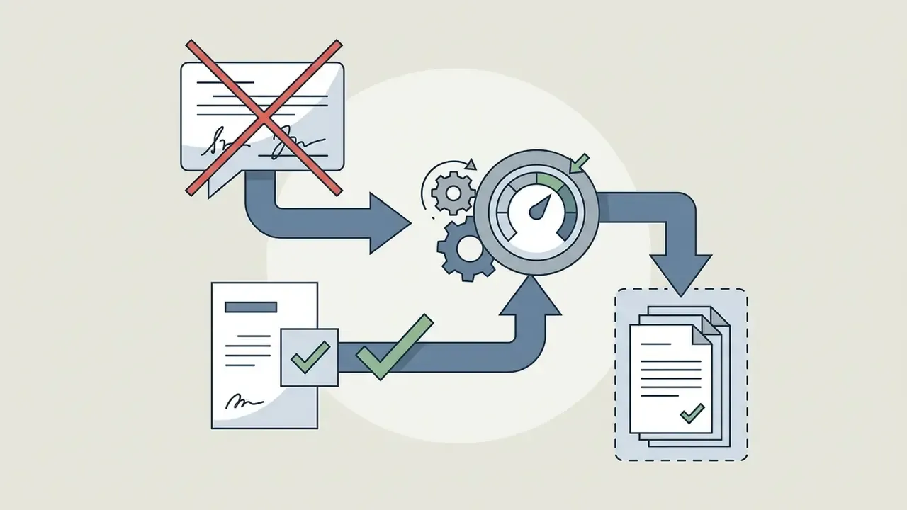Diagram showing an unverified quote being replaced by a signed editorial statement through a processing gauge
