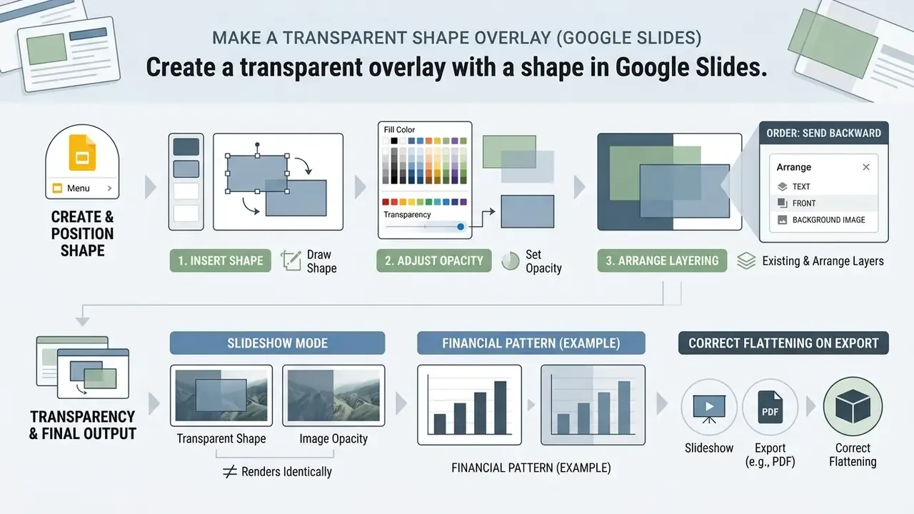 Infographic showing steps to insert a shape, adjust its opacity, and arrange layers in Google Slides