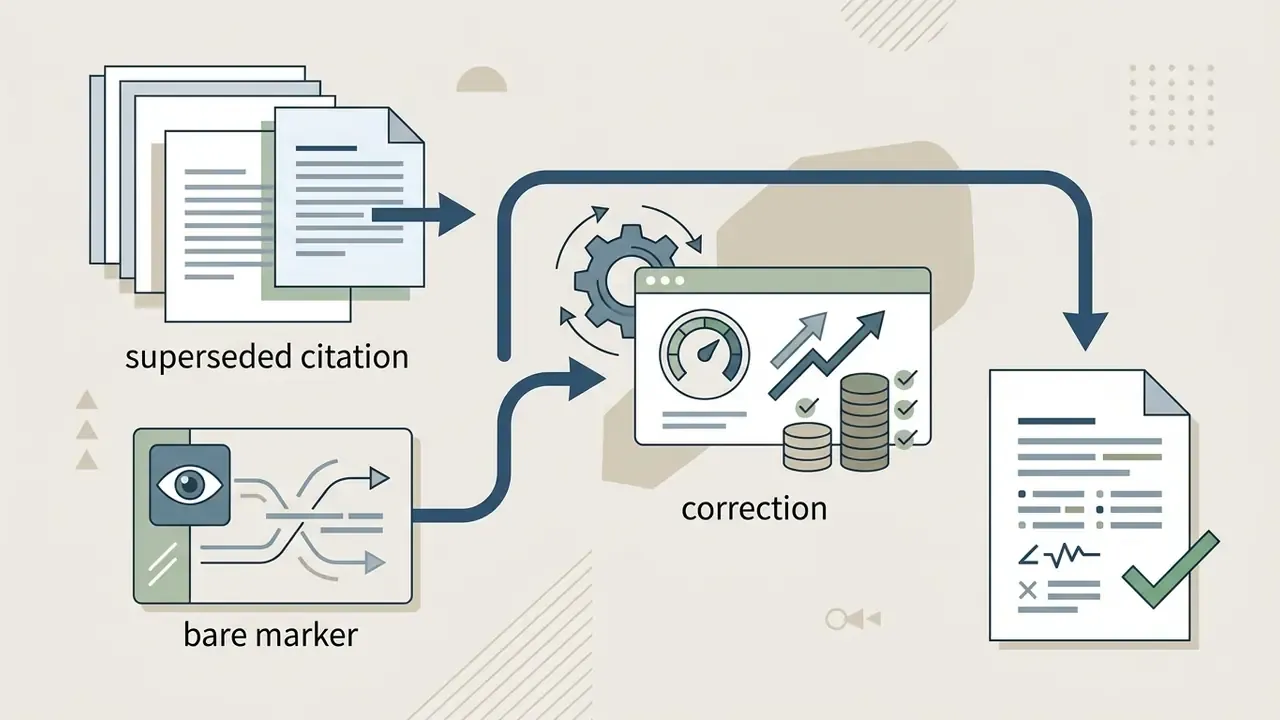 Arrows linking document and marker icons to a processing gear and a final verified correction document