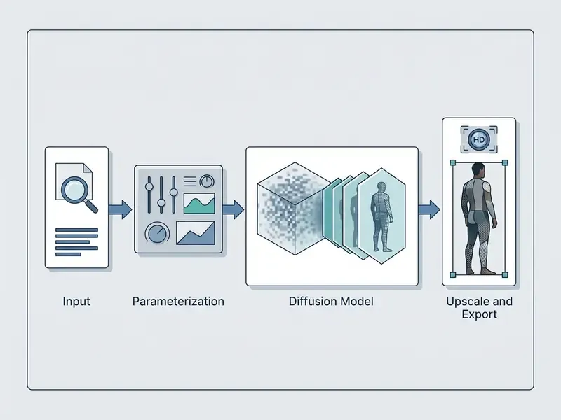 Diagram showing the sequence from data input and parameter adjustment to diffusion modeling and final export