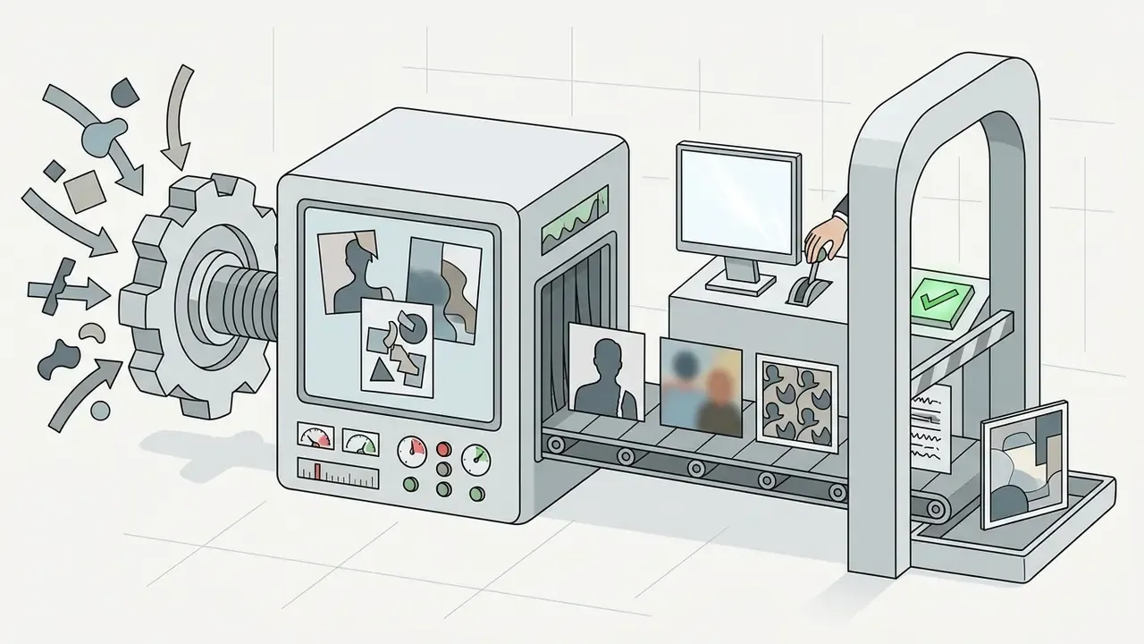 Collage elements entering a processing machine with a conveyor belt and a human manual review station