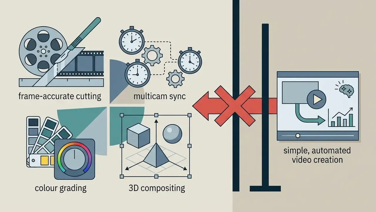 Icons representing advanced editing tasks separated from a simple automated video creation interface