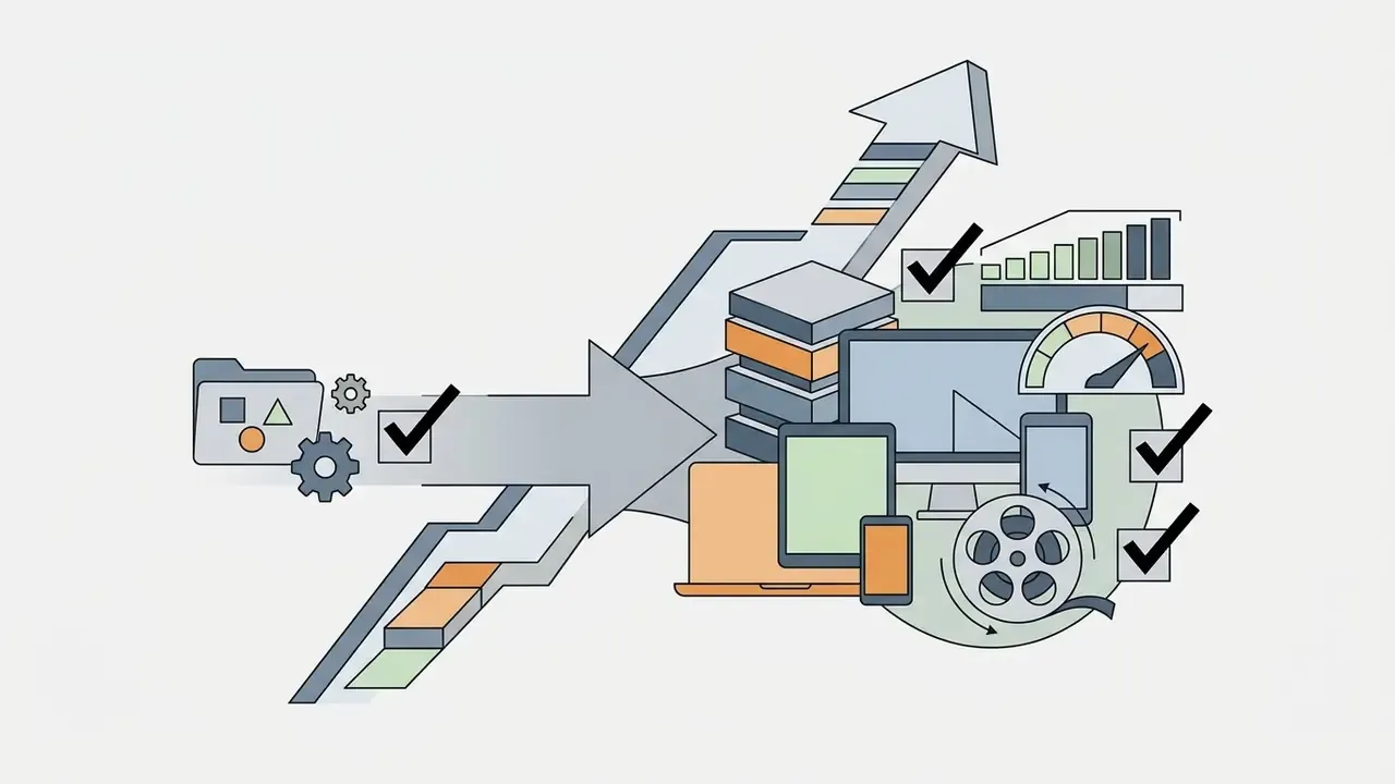 Arrows pointing toward a collection of digital devices, storage icons, and performance metrics