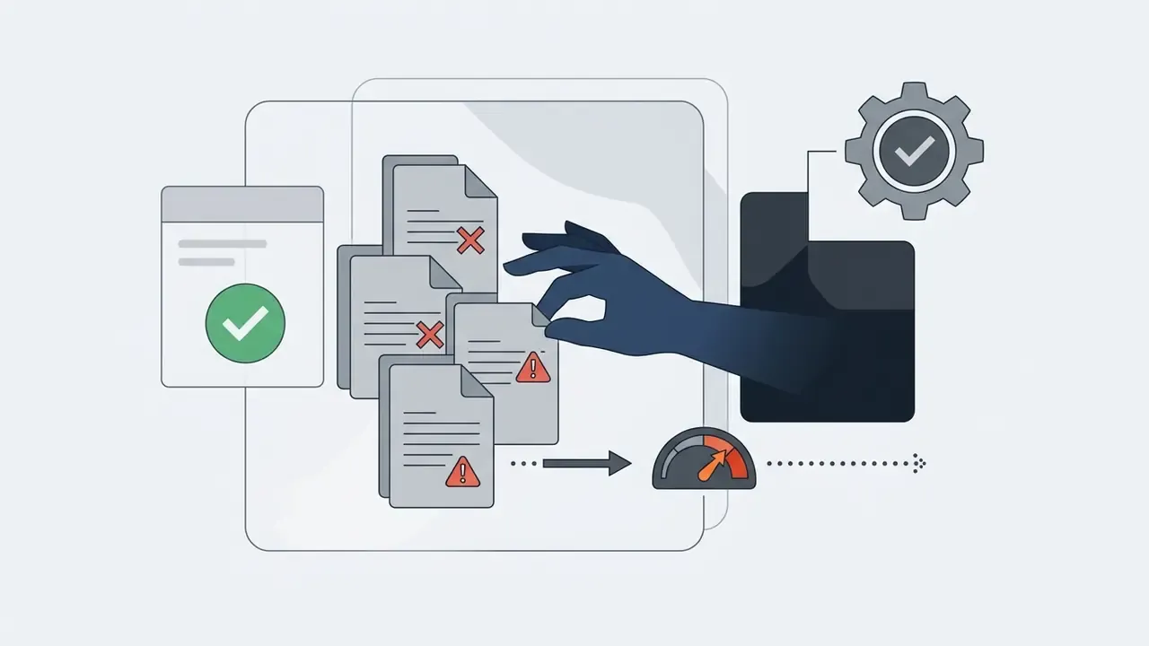 Hand reaching into a digital folder to select documents marked with warning and error symbols