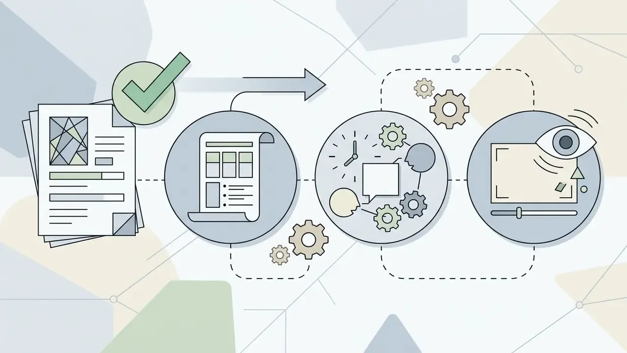 Checkmark over documents leading to breakdown sheets, scheduled reviews, and video critique icons
