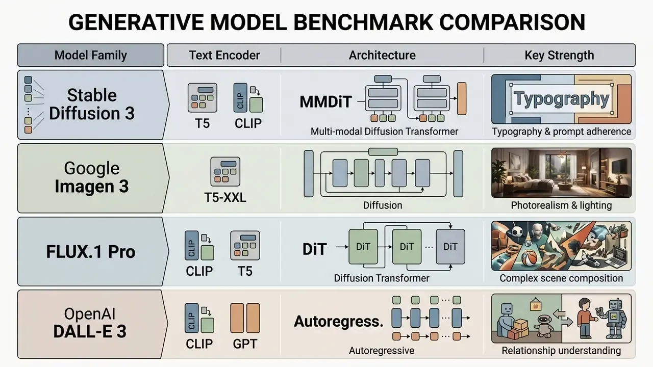 Comparison grid detailing text encoders, architectures, and key strengths for four generative AI models