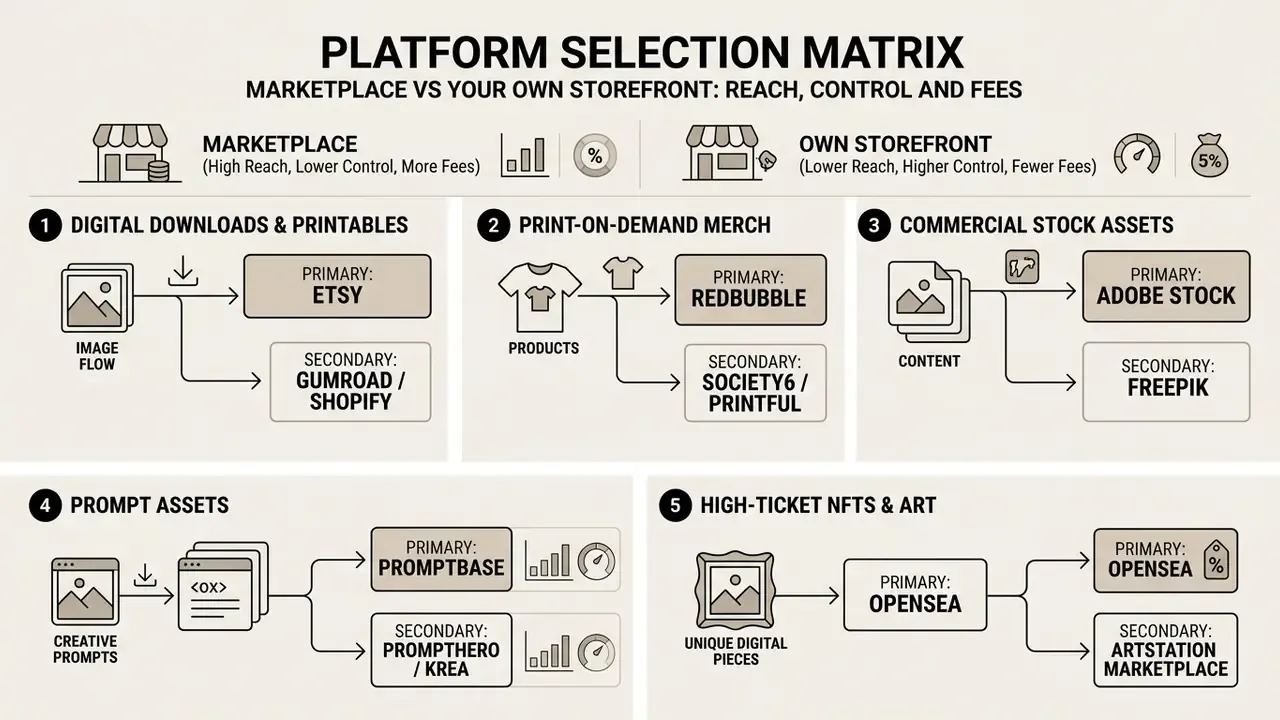 Comparison matrix mapping specific AI art product categories to their recommended primary and secondary platforms