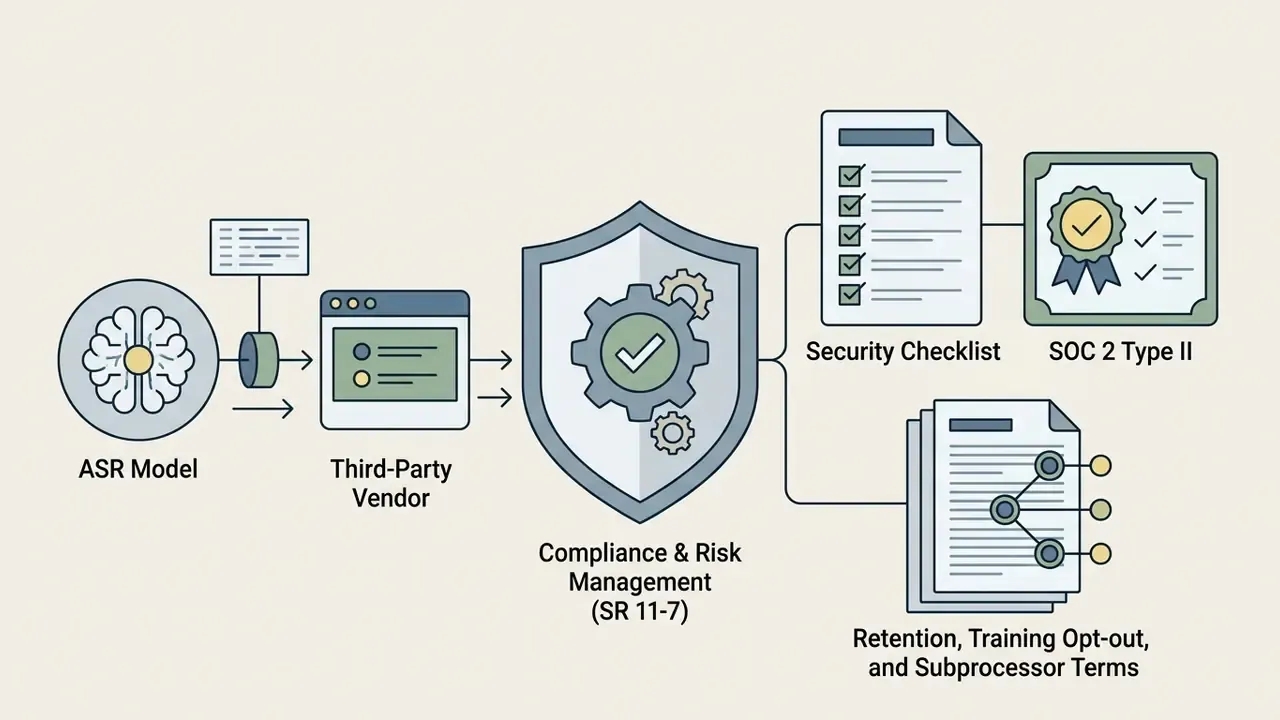 ASR model and third-party vendor inputs flowing into a compliance shield for risk management assessment