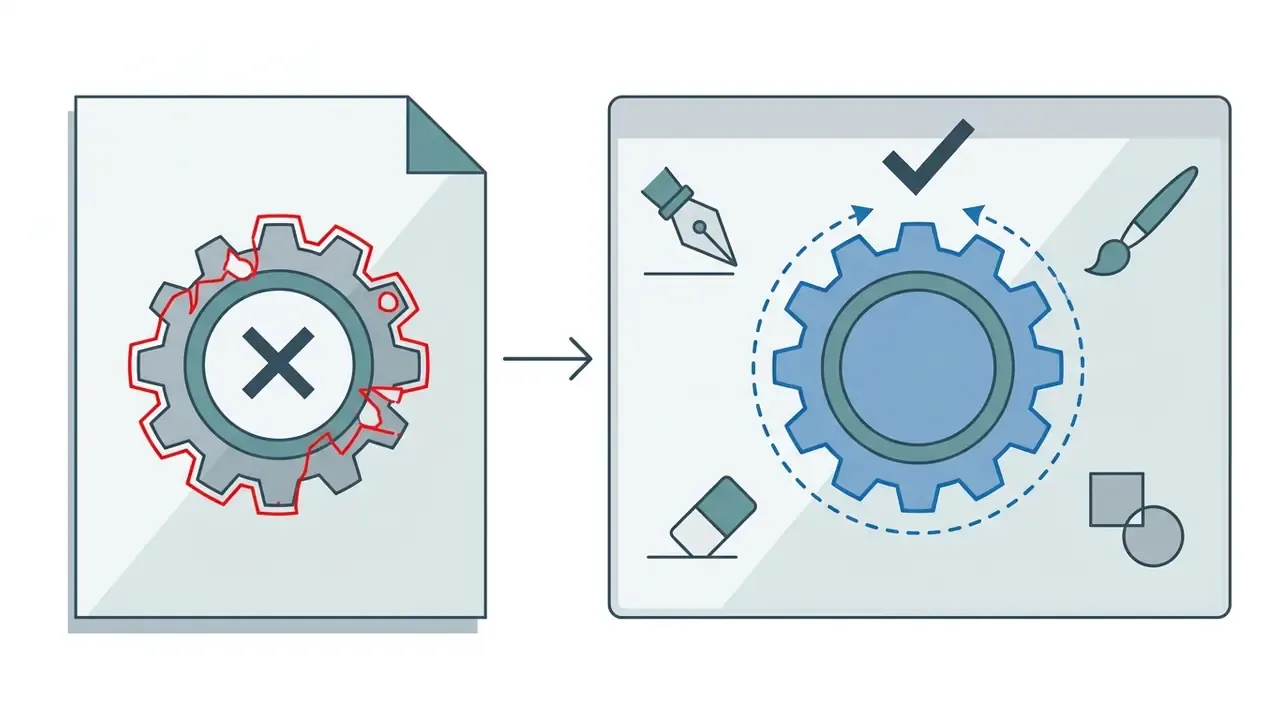 Gear icon with a messy red outline being corrected by editing tools like a brush and eraser